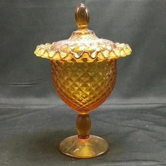 MCM AMBER PRESSED GLASS COVERED PEDESTAL PINEAPPLE COMPOTE DISH W/LID - Picture 1 of 2